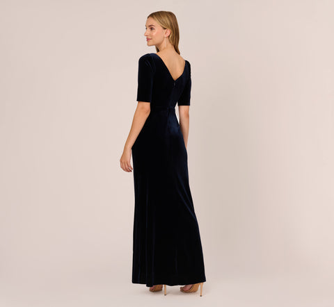 Shirred Velvet Gown With Elbow-Length Sleeves In Midnight