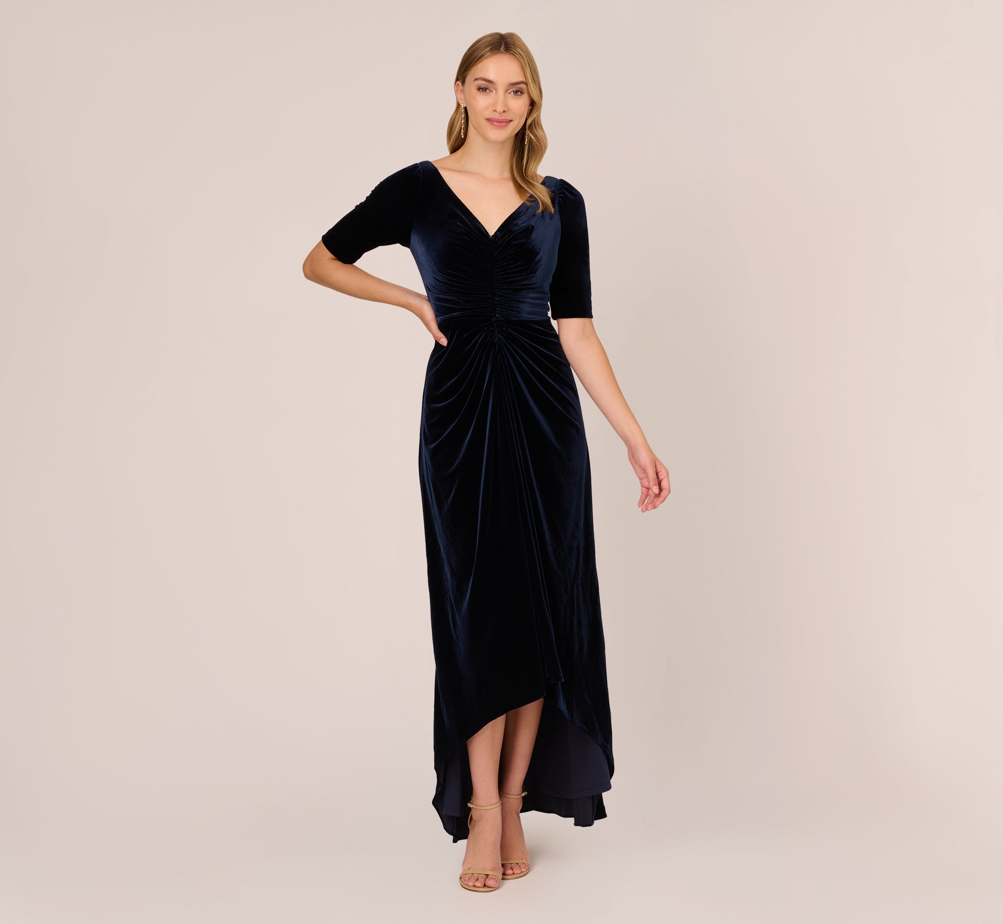 Shirred Velvet Gown With Elbow Length Sleeves In Midnight