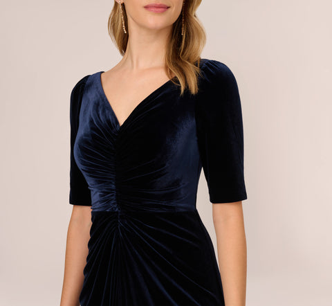 Shirred Velvet Gown With Elbow-Length Sleeves In Midnight