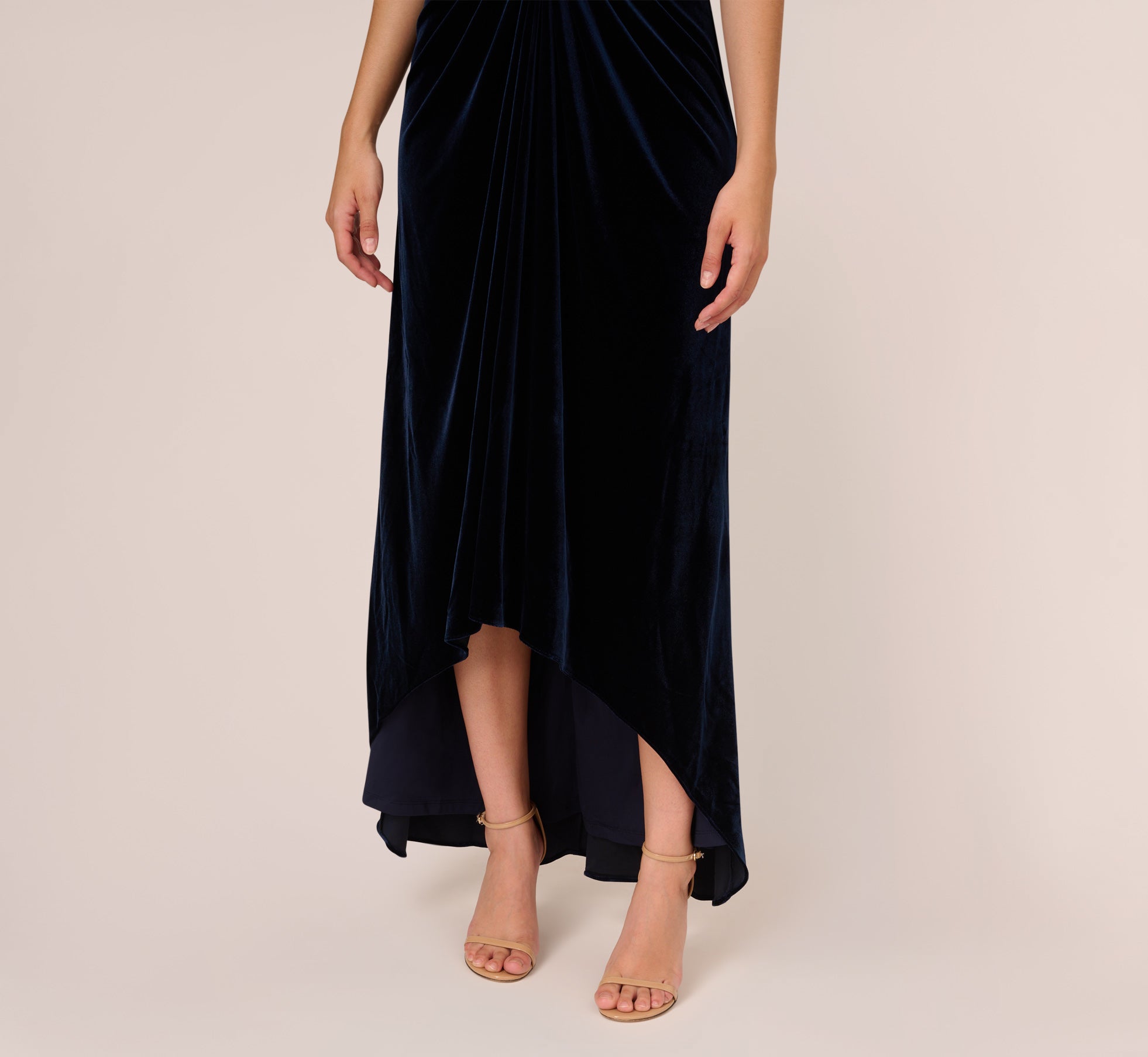 Shirred Velvet Gown With Elbow Length Sleeves In Midnight