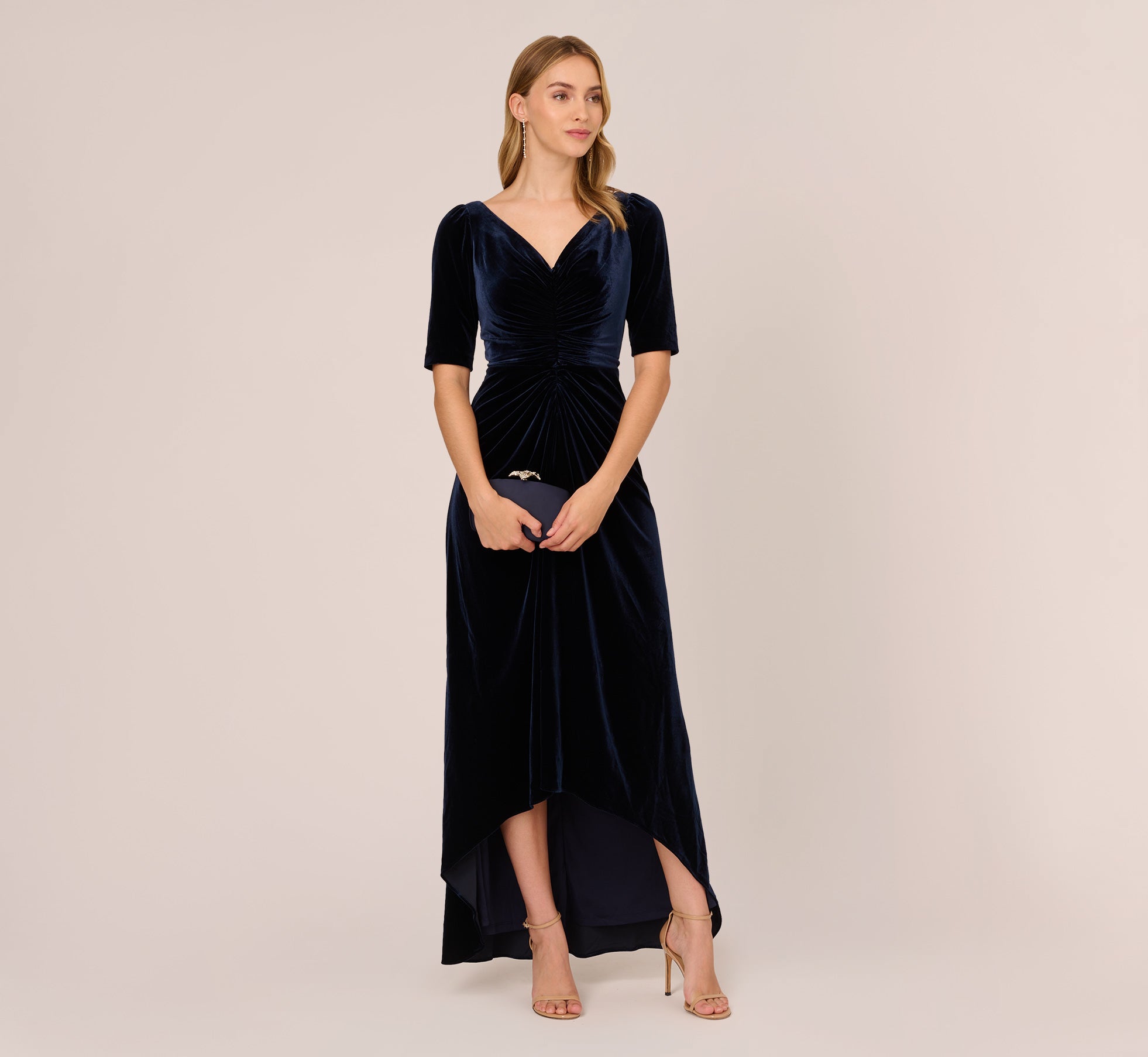 Shirred Velvet Gown With Elbow Length Sleeves In Midnight