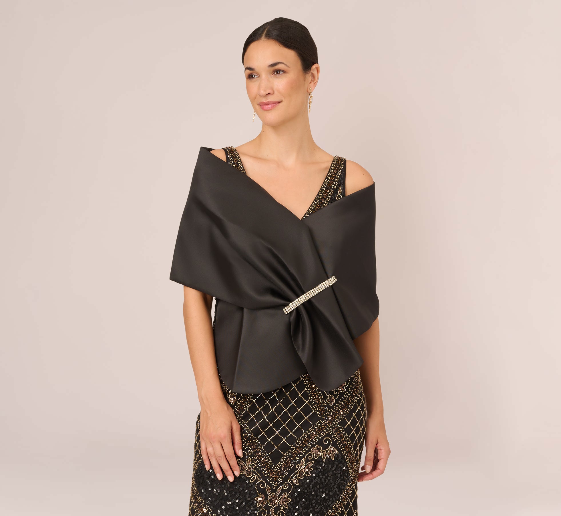 Mikado Wrap With Stone Embellished Pin In Black Adrianna Papell