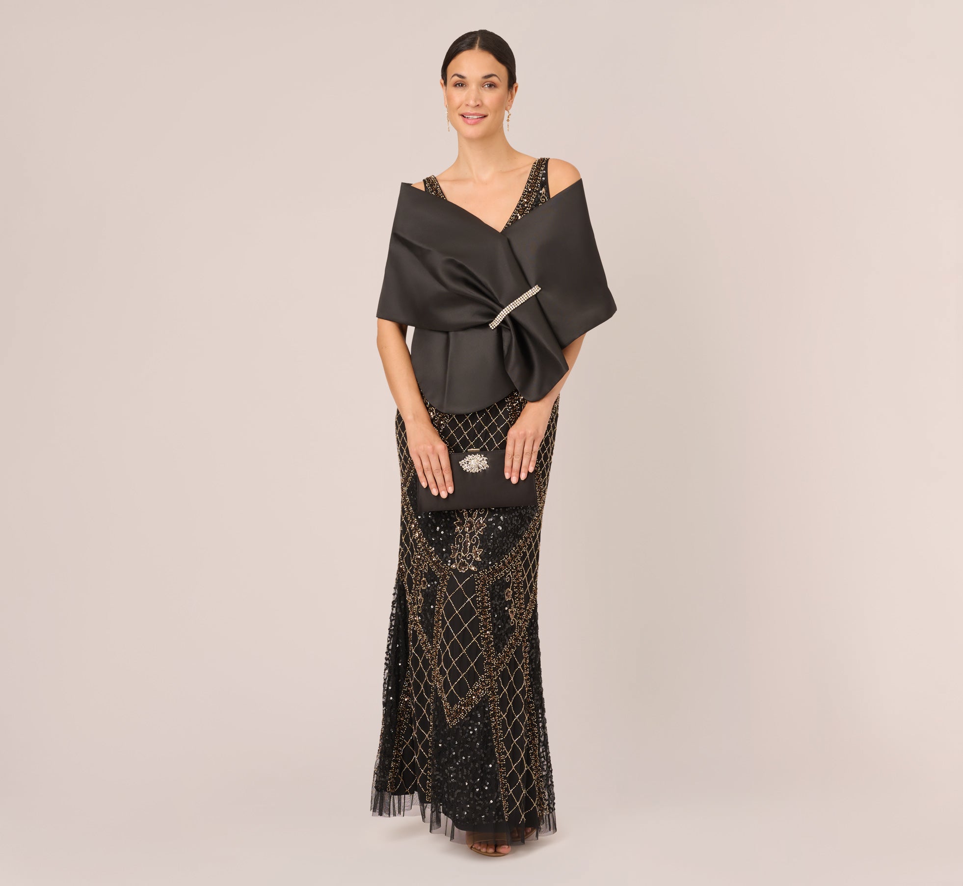 Mikado Wrap With Stone Embellished Pin In Black Adrianna Papell