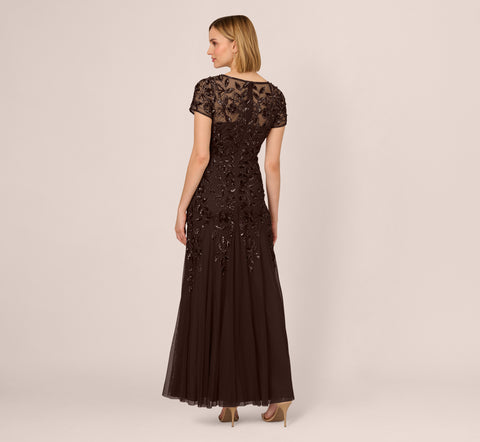 Hand Beaded Short Sleeve Floral Godet Gown In Chocolate