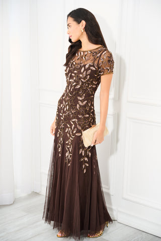 Hand Beaded Short Sleeve Floral Godet Gown In Chocolate