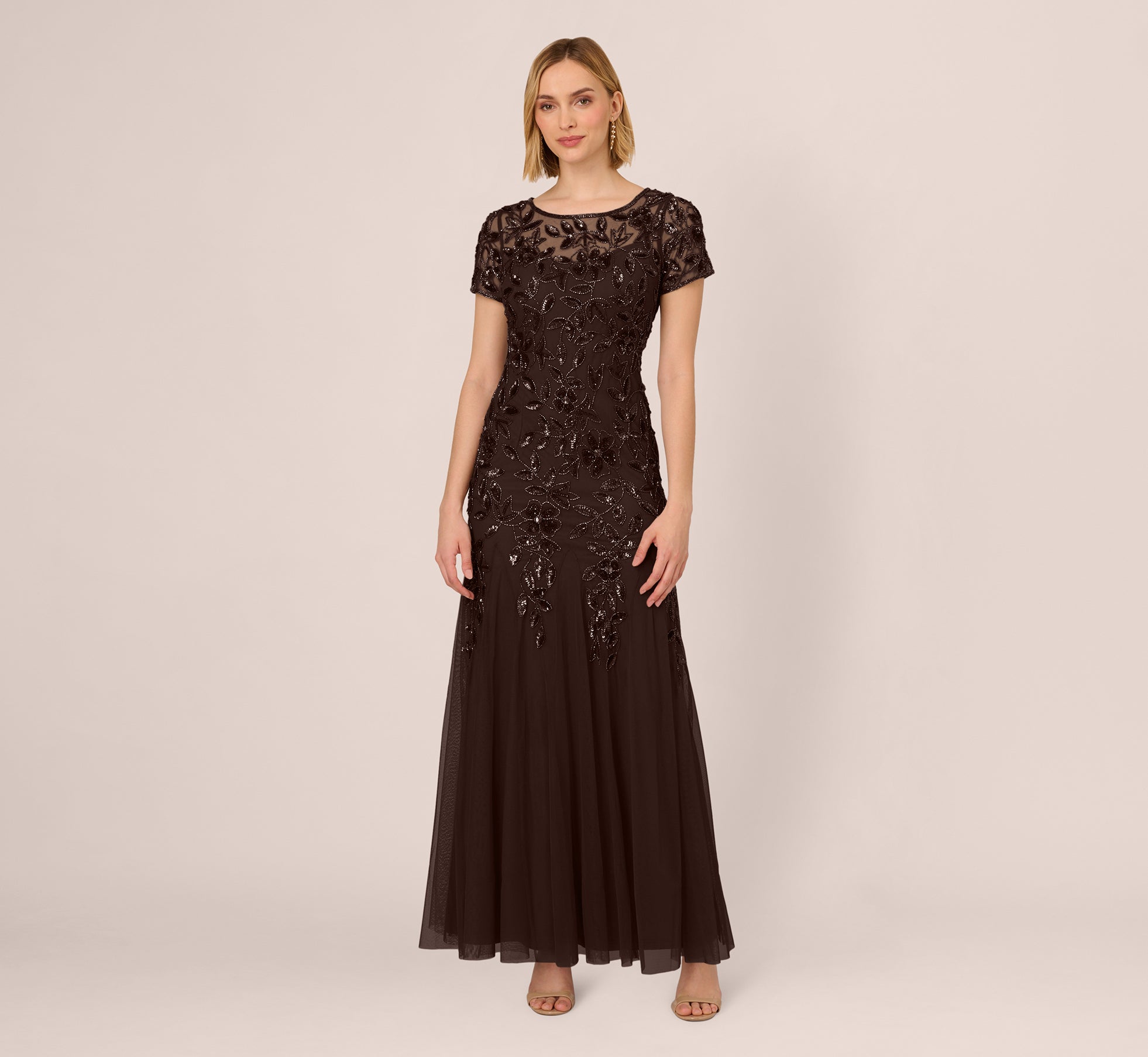 Hand Beaded Short Sleeve Floral Godet Gown In Chocolate 1