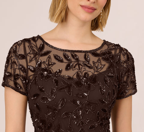 Hand Beaded Short Sleeve Floral Godet Gown In Chocolate