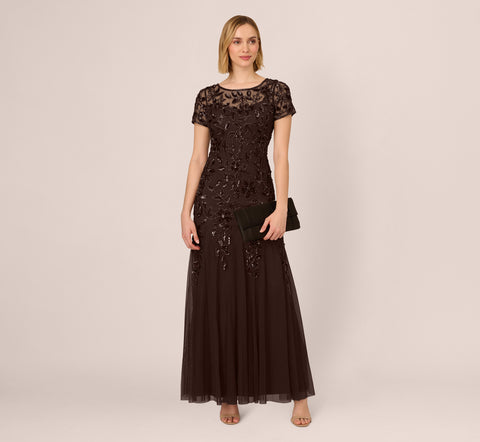 Hand Beaded Short Sleeve Floral Godet Gown In Chocolate