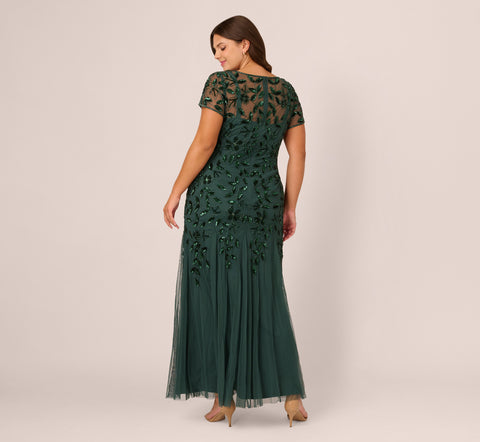 Plus Size Hand Beaded Short Sleeve Floral Godet Gown In Dusty Emerald