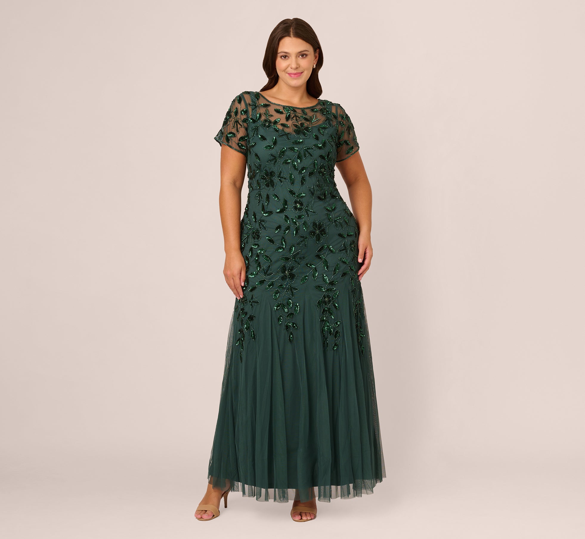 Plus Size Hand Beaded Short Sleeve Floral Godet Gown In Dusty Emerald 1