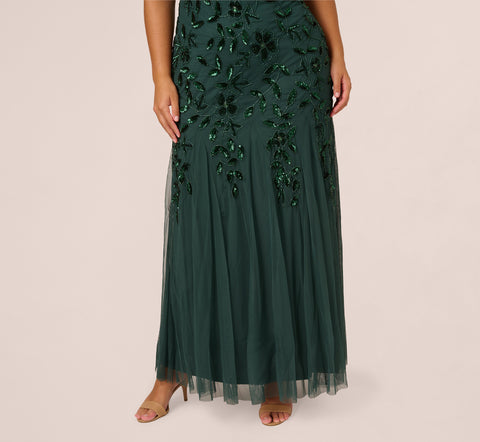 Plus Size Hand Beaded Short Sleeve Floral Godet Gown In Dusty Emerald