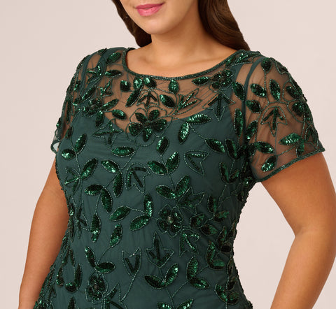 Plus Size Hand Beaded Short Sleeve Floral Godet Gown In Dusty Emerald