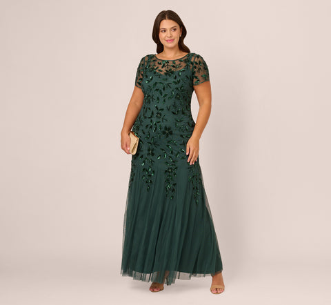 Plus Size Hand Beaded Short Sleeve Floral Godet Gown In Dusty Emerald