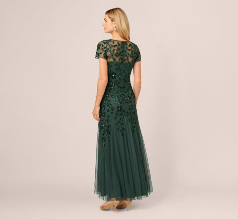 Hand Beaded Short Sleeve Floral Godet Gown In Dusty Emerald