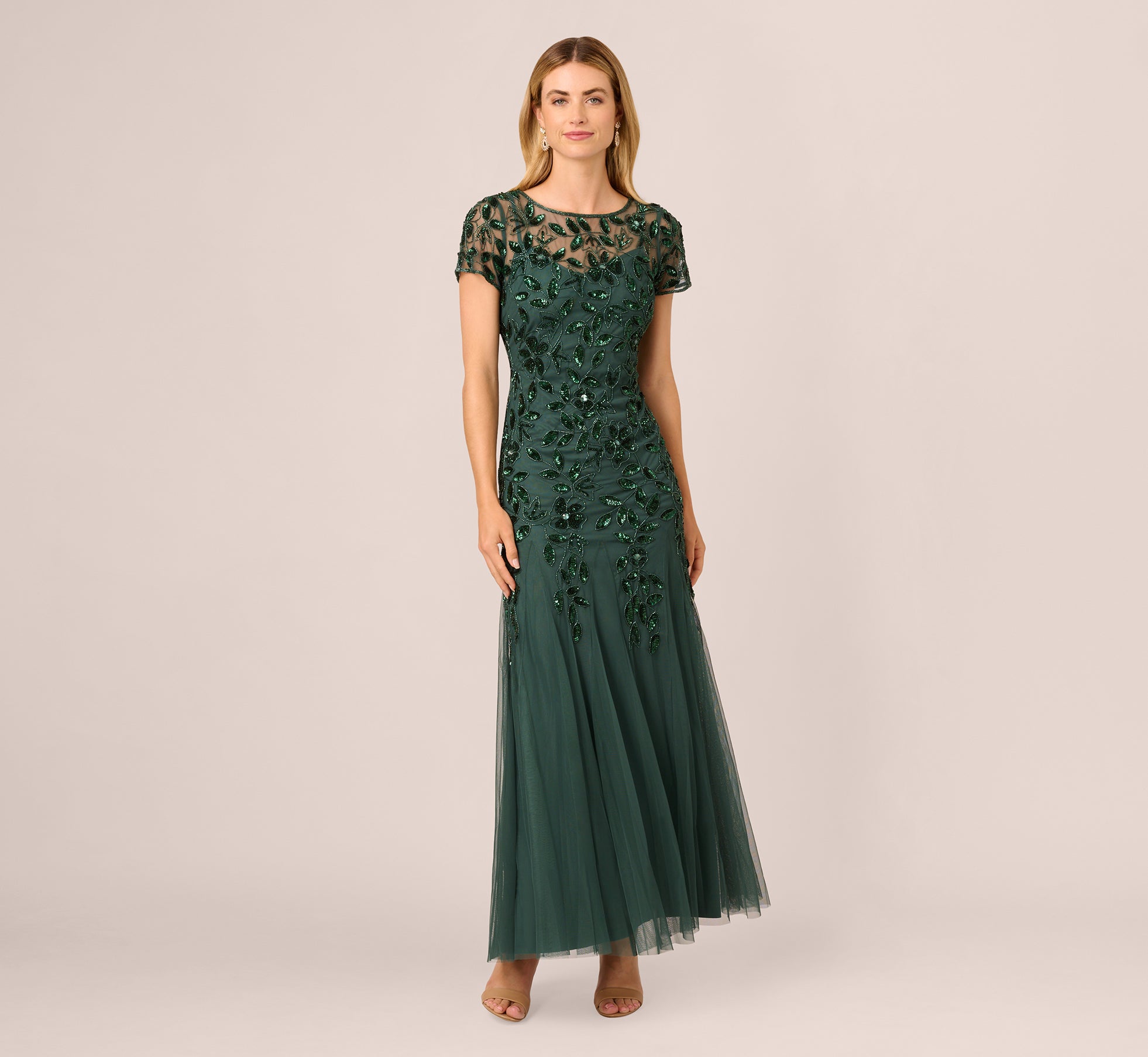 Hand Beaded Short Sleeve Floral Godet Gown In Dusty Emerald 1