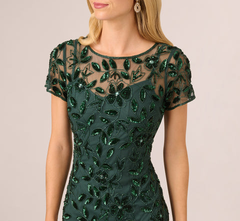 Hand Beaded Short Sleeve Floral Godet Gown In Dusty Emerald