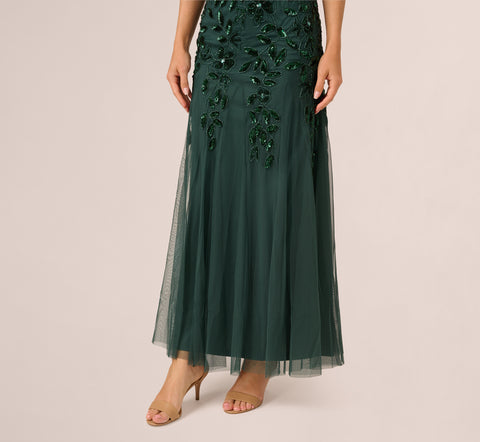 Hand Beaded Short Sleeve Floral Godet Gown In Dusty Emerald