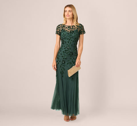 Hand Beaded Short Sleeve Floral Godet Gown In Dusty Emerald