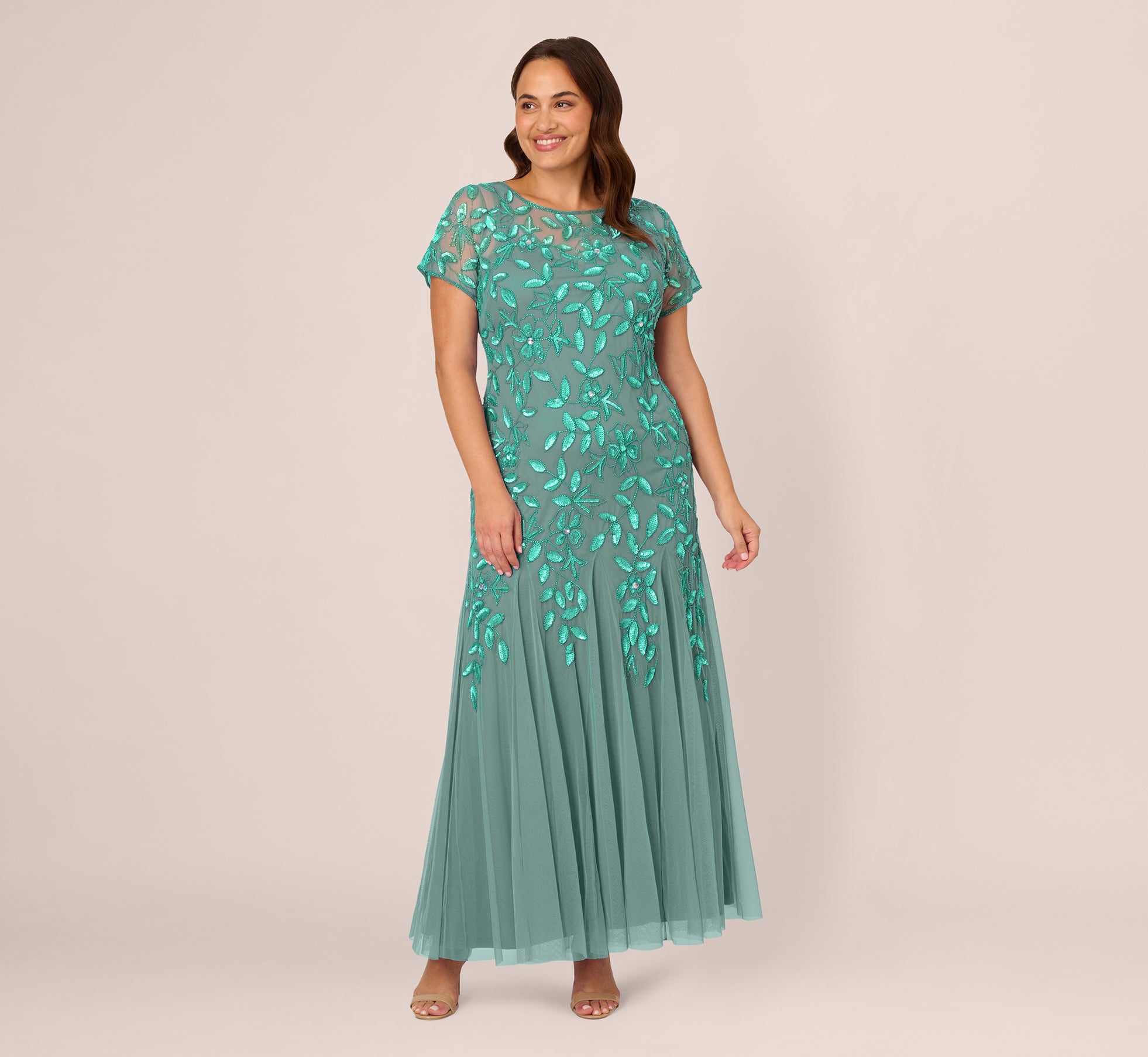 Plus Size Hand Beaded Short Sleeve Floral Godet Gown In Green