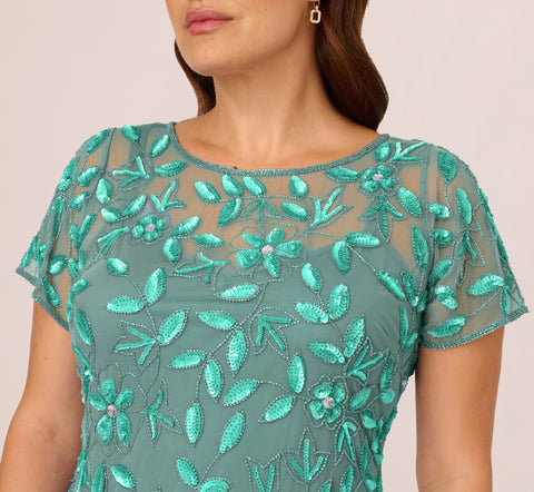 Plus Size Hand Beaded Short Sleeve Floral Godet Gown In Green Slate