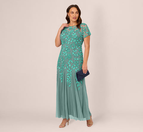 Plus Size Hand Beaded Short Sleeve Floral Godet Gown In Green Slate