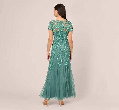 Hand Beaded Short Sleeve Floral Godet Gown In Green Slate