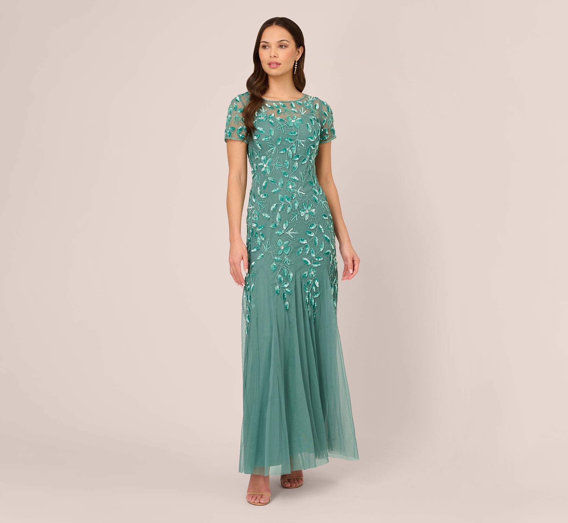 Hand Beaded Short Sleeve Floral Godet Gown In Green Slate 1