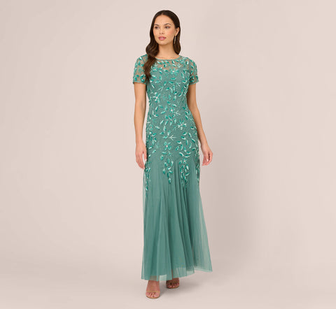 Hand Beaded Short Sleeve Floral Godet Gown In Green Slate Adrianna Papell