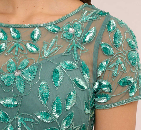 Hand Beaded Short Sleeve Floral Godet Gown In Green Slate