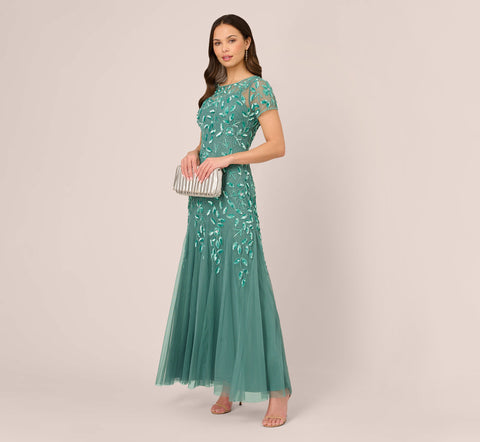 Hand Beaded Short Sleeve Floral Godet Gown In Green Slate