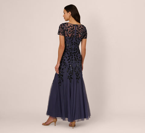 Hand Beaded Short Sleeve Floral Godet Gown In Smoky Peri