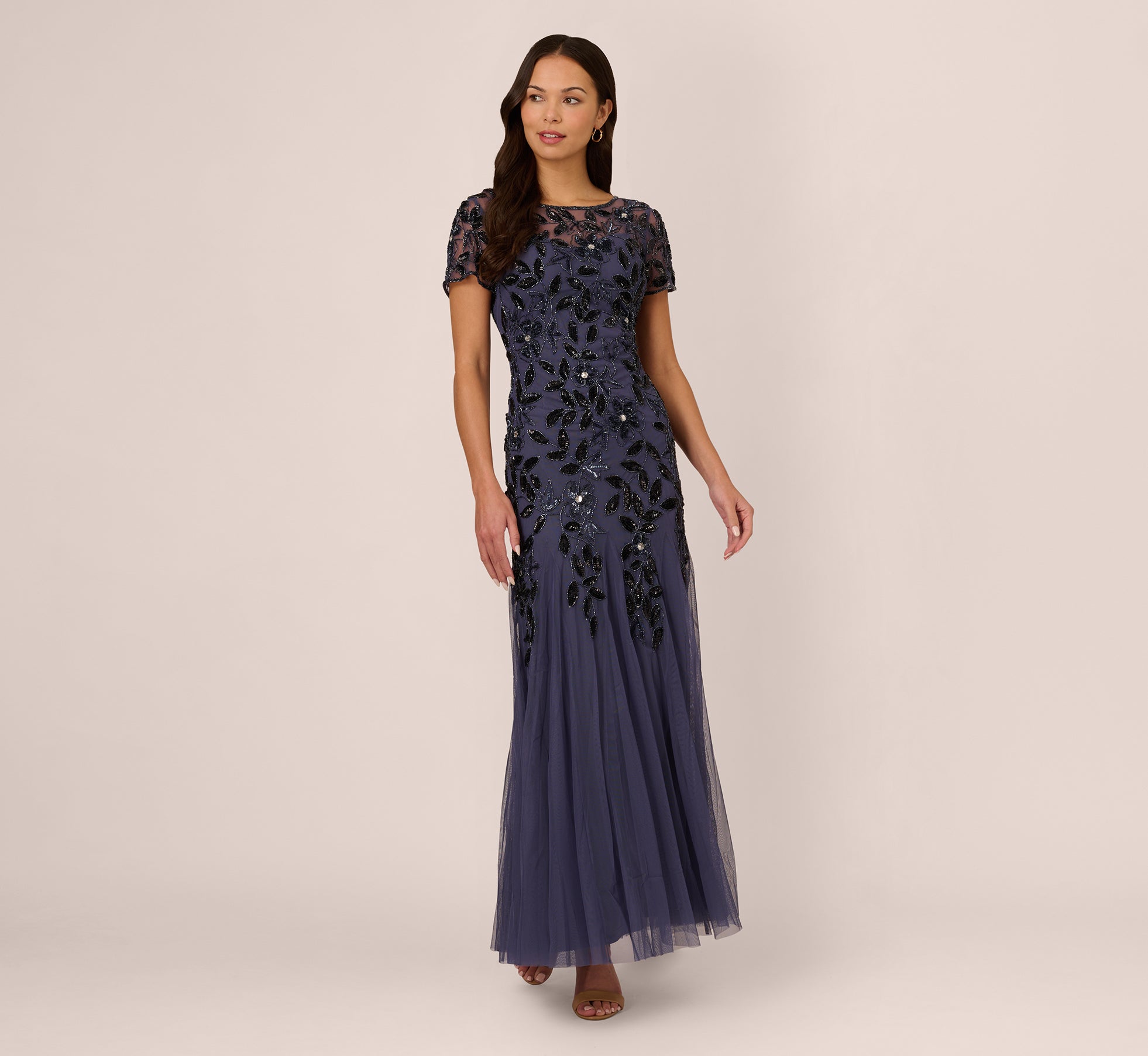 Hand Beaded Short Sleeve Floral Godet Gown In Smoky Peri 1