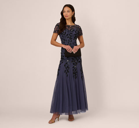 Hand Beaded Short Sleeve Floral Godet Gown In Smoky Peri