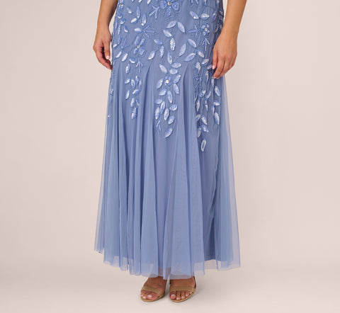 Plus Size Hand Beaded Short Sleeve Floral Godet Gown In French Blue