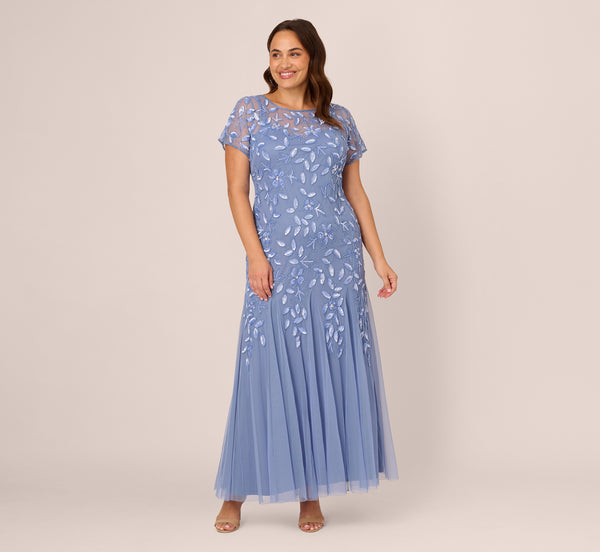 Long Floral Beaded Gown With Flutter Sleeves In Blue Heather