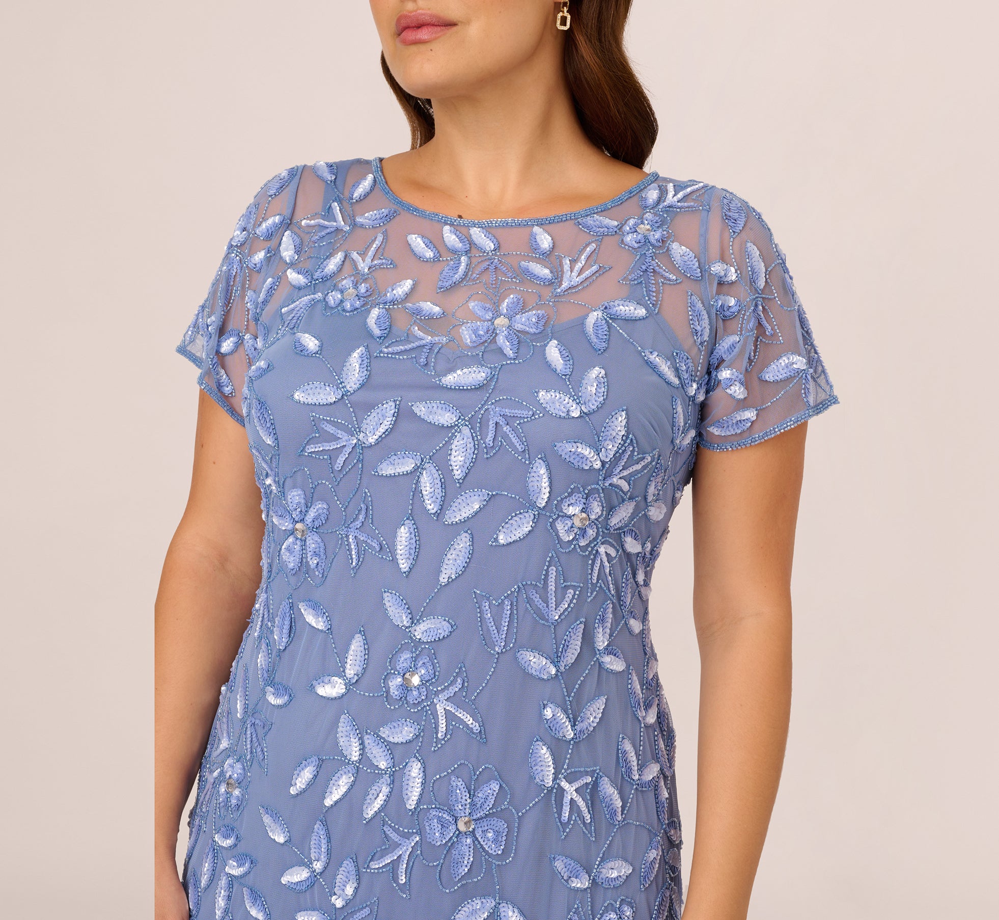 Plus Size Hand Beaded Short Sleeve Floral Godet Gown In French