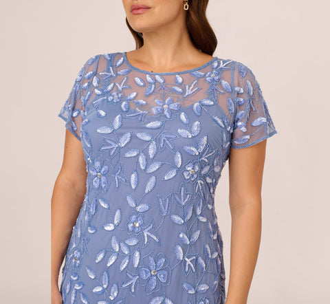 Plus Size Hand Beaded Short Sleeve Floral Godet Gown In French Blue