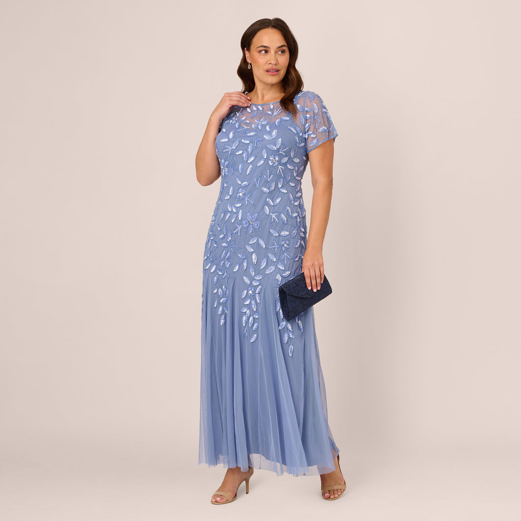 Plus Size Hand Beaded Short Sleeve Floral Godet Gown In French Blue ...