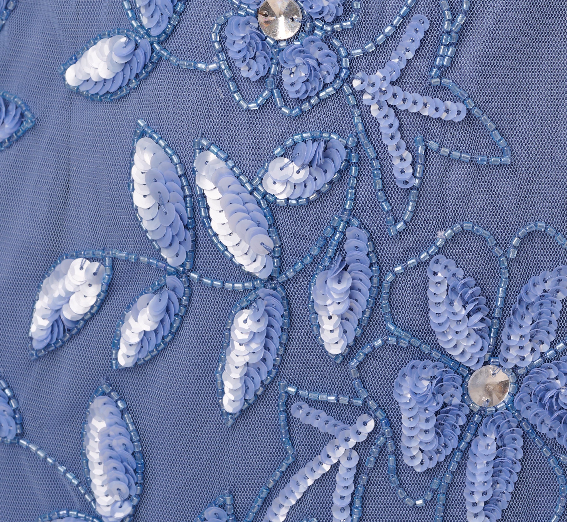 Hand Beaded Short Sleeve Floral Godet Gown In French Blue