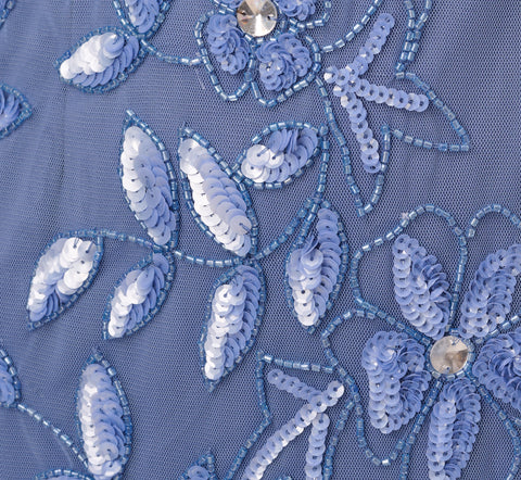 Hand Beaded Short Sleeve Floral Godet Gown In French Blue