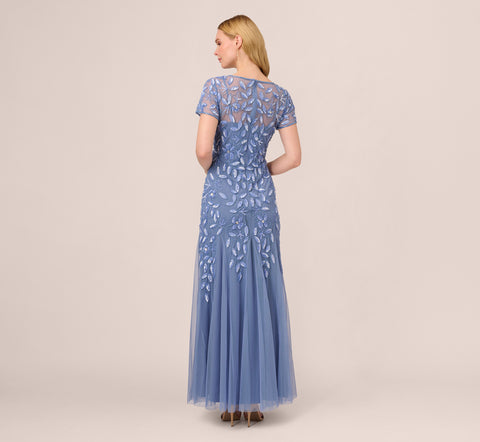 Hand Beaded Short Sleeve Floral Godet Gown In French Blue