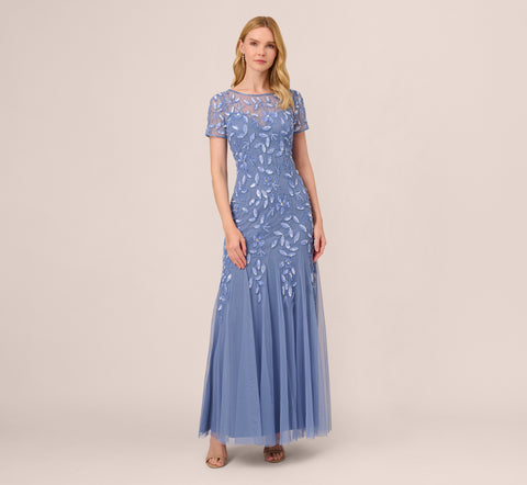 Hand Beaded Short Sleeve Floral Godet Gown In French Blue