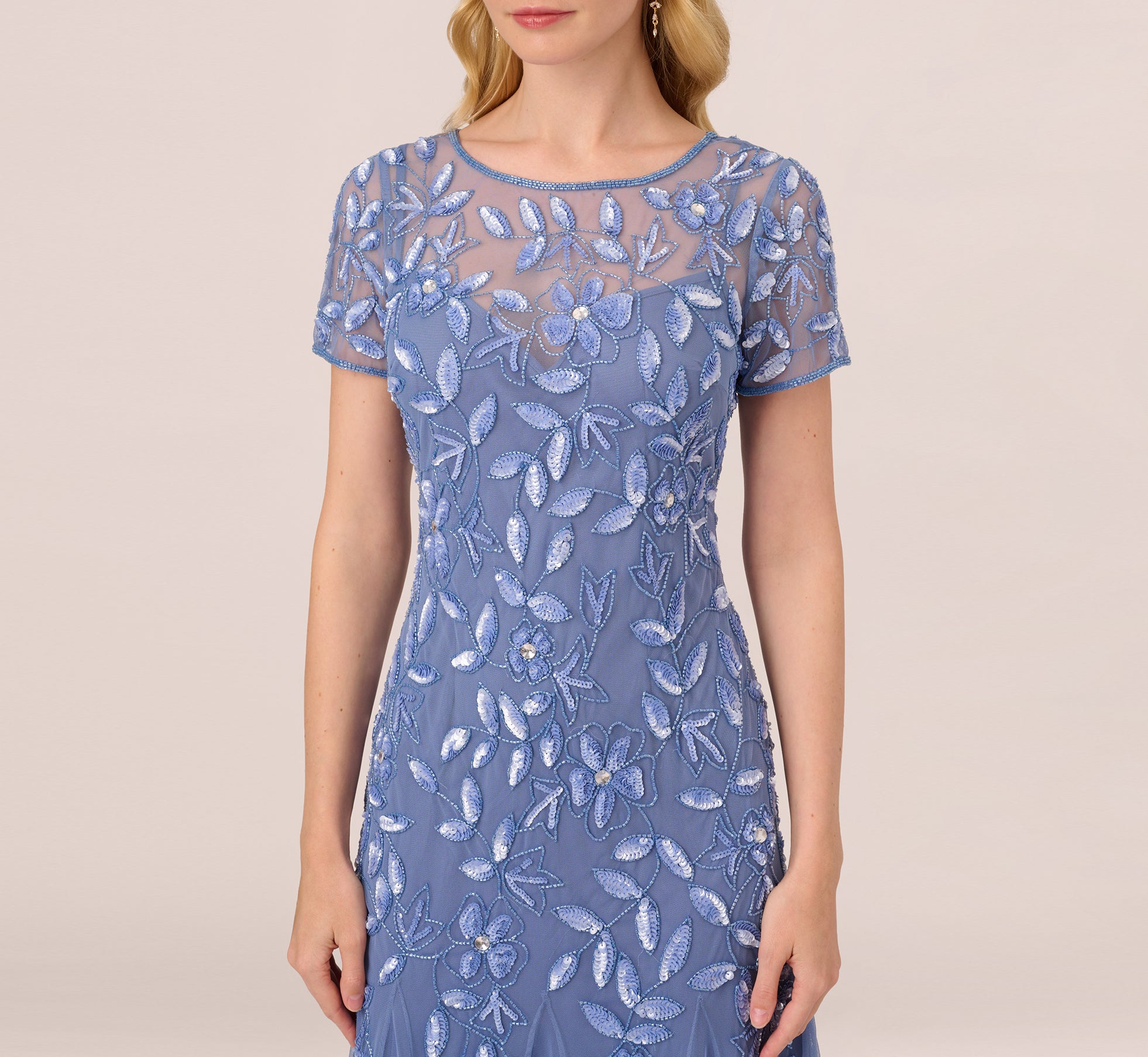 Hand Beaded Short Sleeve Floral Godet Gown In French Blue