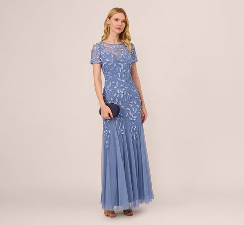 Hand Beaded Short Sleeve Floral Godet Gown In French Blue