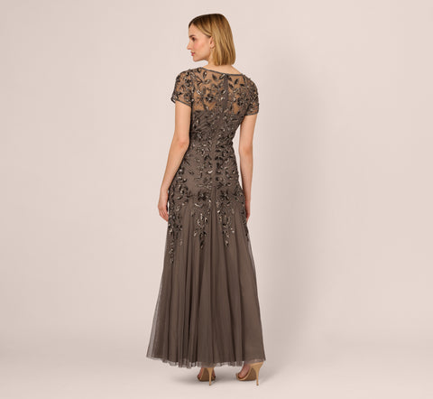 Hand Beaded Short Sleeve Floral Godet Gown In Lead