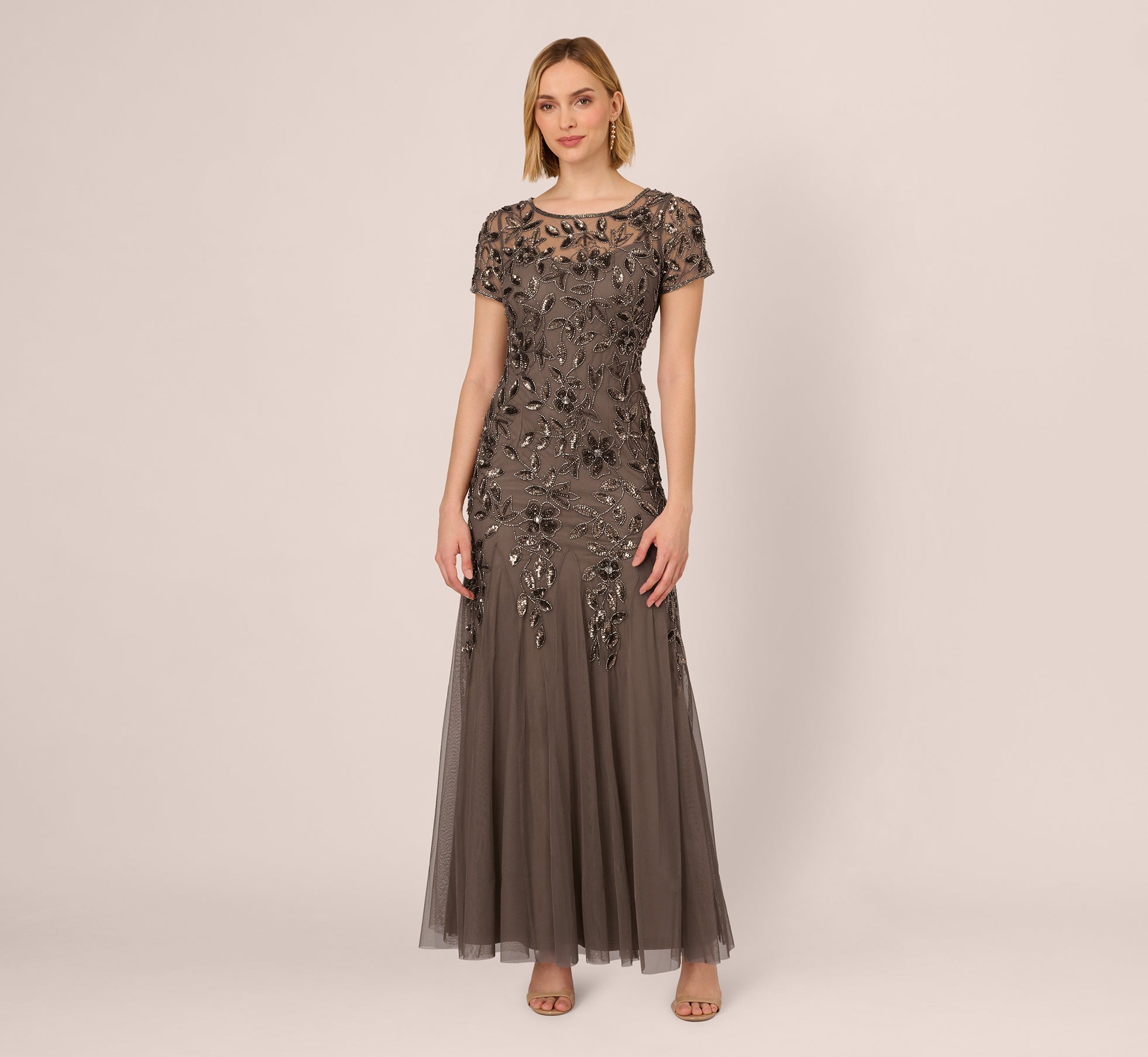 Hand Beaded Short Sleeve Floral Godet Gown In Lead 1