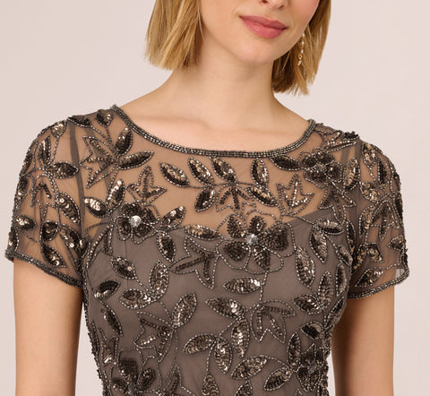 Hand Beaded Short Sleeve Floral Godet Gown In Lead – Adrianna Papell