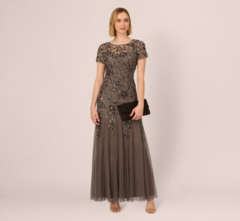 Hand Beaded Short Sleeve Floral Godet Gown In Lead – Adrianna Papell