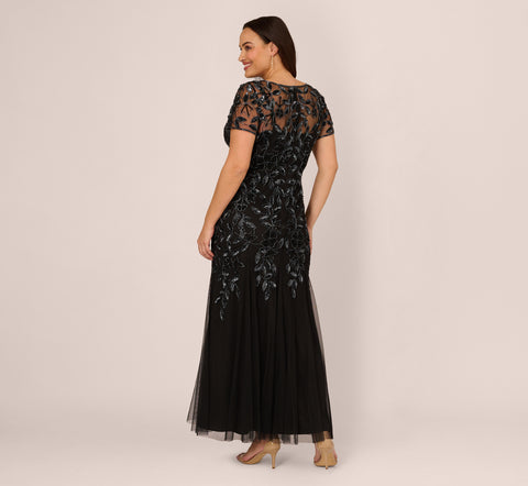 Plus Size Hand Beaded Short Sleeve Floral Godet Gown In Black Gunmetal