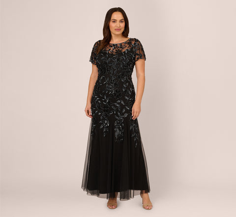 Plus Size Hand Beaded Short Sleeve Floral Godet Gown In Black Gunmetal